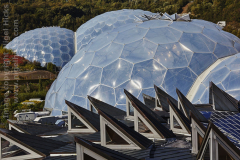A view of the indoor biomes across the roof of the Core, at the Eden Project, nr St Austell, Cornwall, Great Britain.