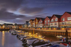 A dusk view of the harbour in Exmouth, Devon, Great Britain.