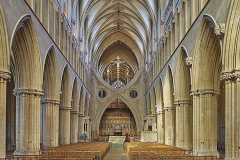 The central nave in Wells Cathedral, Wells, Somerset, Great Britain.