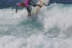 A leading surfer going through hers paces during the Roxy Open competition at the Boardmasters surfing championships at Fistral Beach, Newquay, Cornwall, Great Britain.