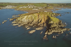 Aerial view of Burgh Island, Bigbury and the estuary of the River Avon, south coast of Devon, Great Britain.