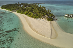 Drone view of Havodda Island, Gaafu Dhaalu atoll, in the far south of the Maldives, Indian Ocean.