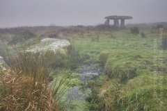 Lanyon Quoit prehistoric site in fog, near Penzance, Cornwall, Great Britain.