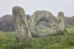 Men-an-tol prehistoric site in fog, near Penzance, Cornwall, Great Britain.